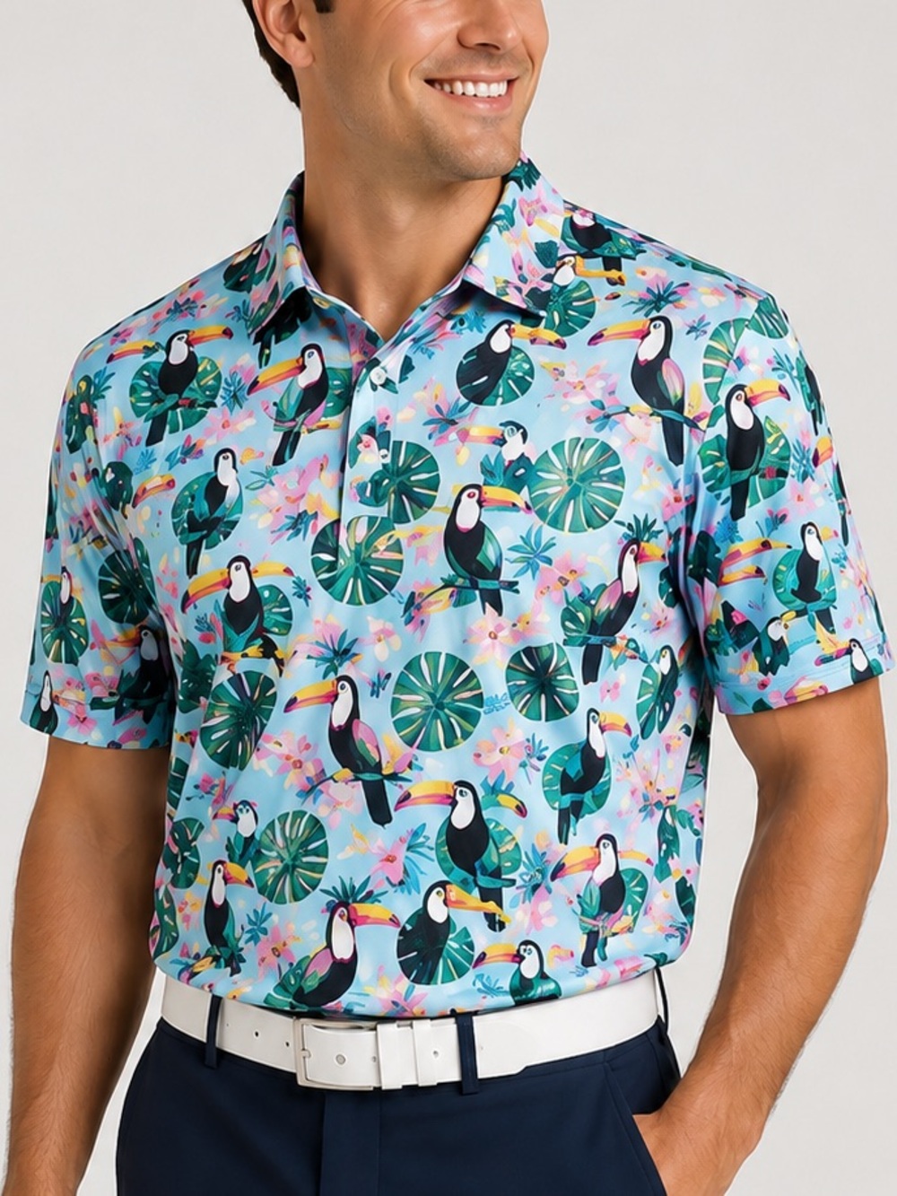 Golf Gods Australia Toucan Tropical Cool Tech Performance Golf Polo Shirt XL